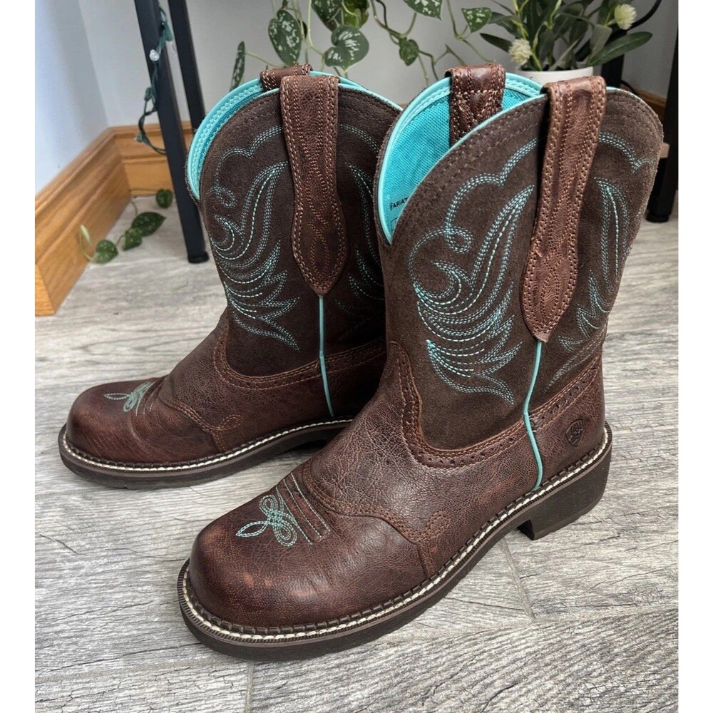 Ariat FatBaby Boot Women's Size 9.5 B Brown Leather Teal Blue Embroidery Western